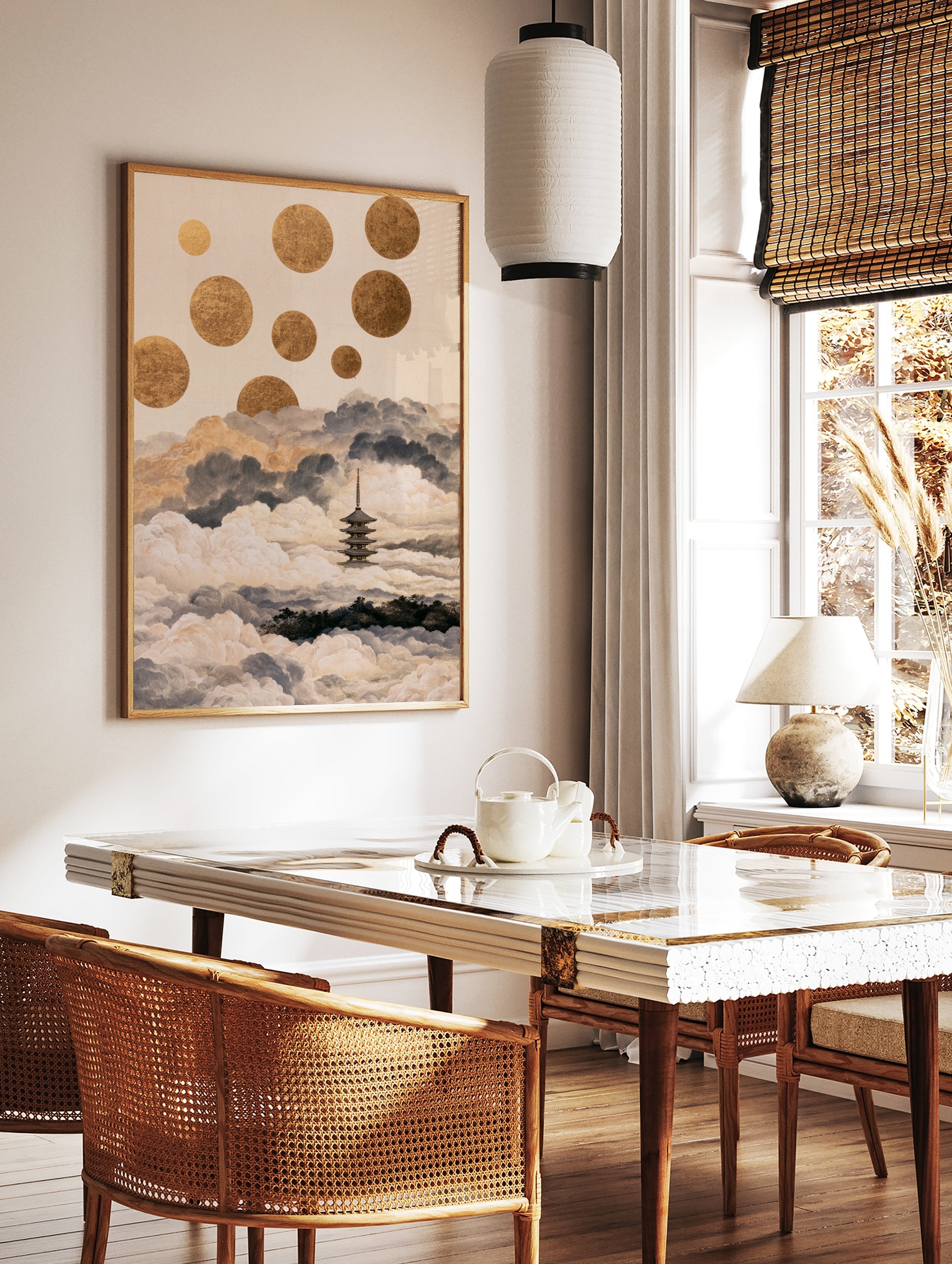 Japanese pagoda emerging from clouds with floating gold circles, illustrative style wall art print, in a styled room mockup