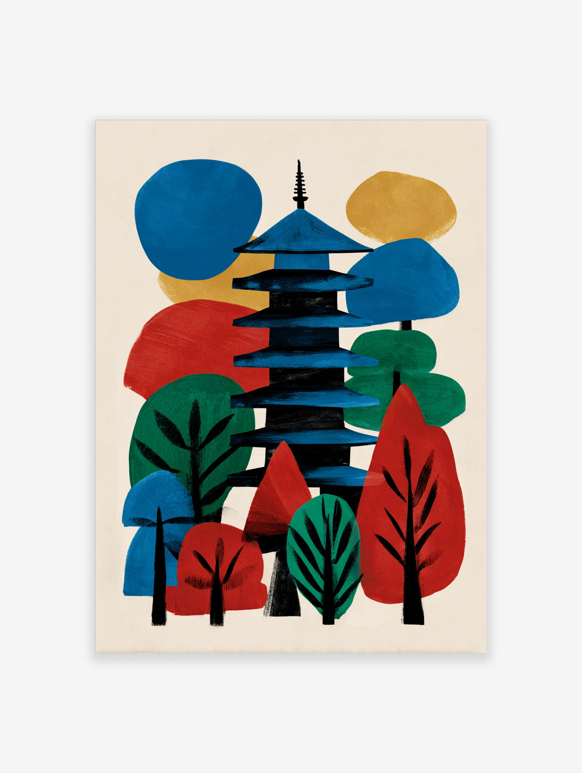 Blue Japanese pagoda illustration with stylised red and green trees on a cream background