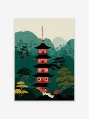 Japanese Pagoda Wall Art print depicting a red and black pagoda in a lush green forest with mountains in the background.