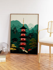 Japanese Pagoda Wall Art print depicting a red and black pagoda in a lush green forest with mountains in the background. - Image 2