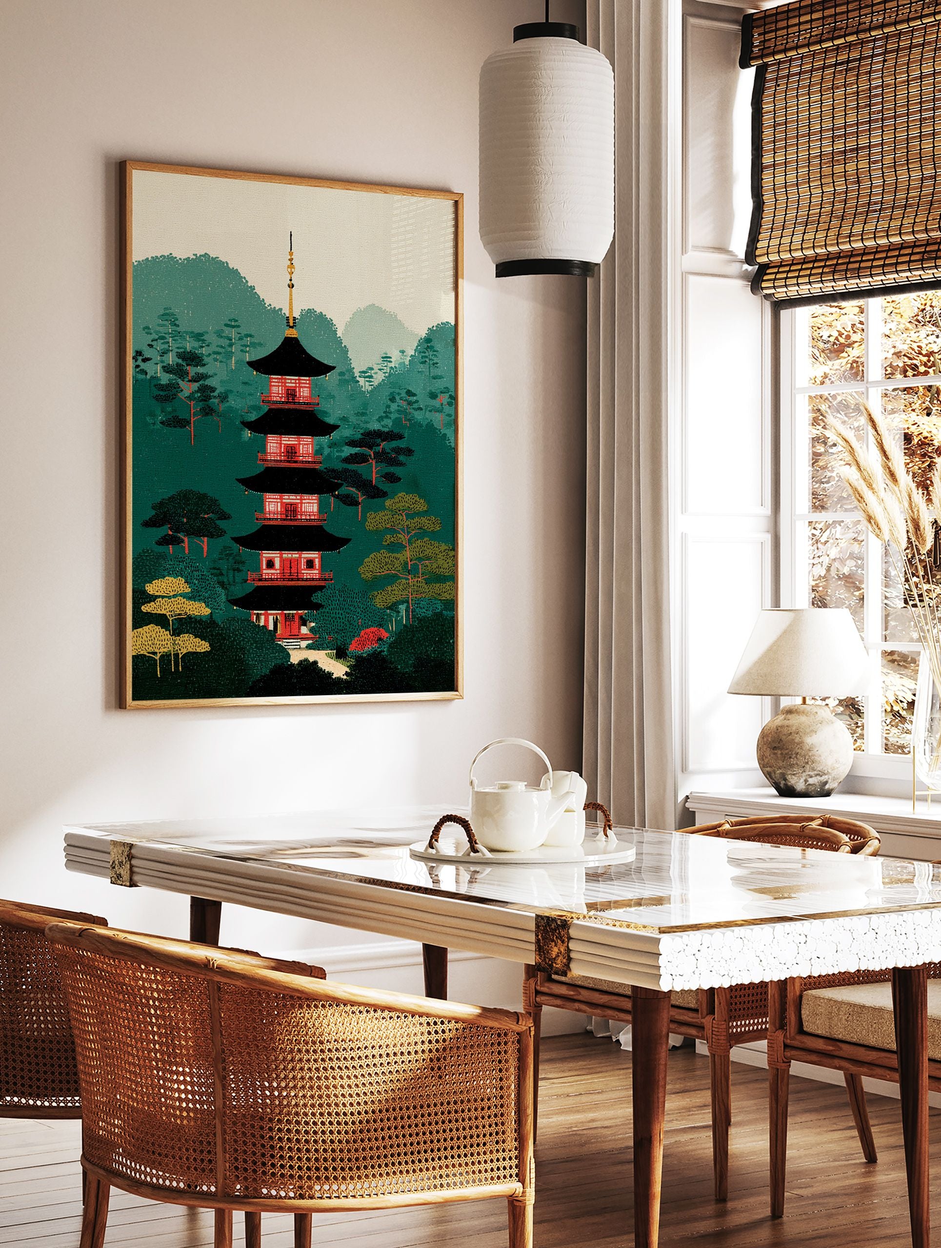 Japanese Pagoda Wall Art print depicting a red and black pagoda in a lush green forest with mountains in the background. - Image 3
