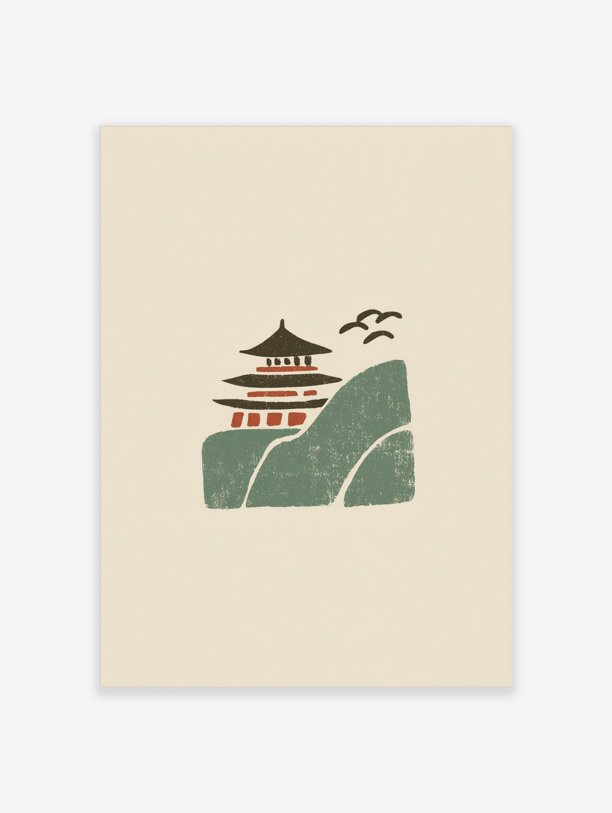 Japanese pagoda art print with green mountain, red temple details, and dark birds on beige background