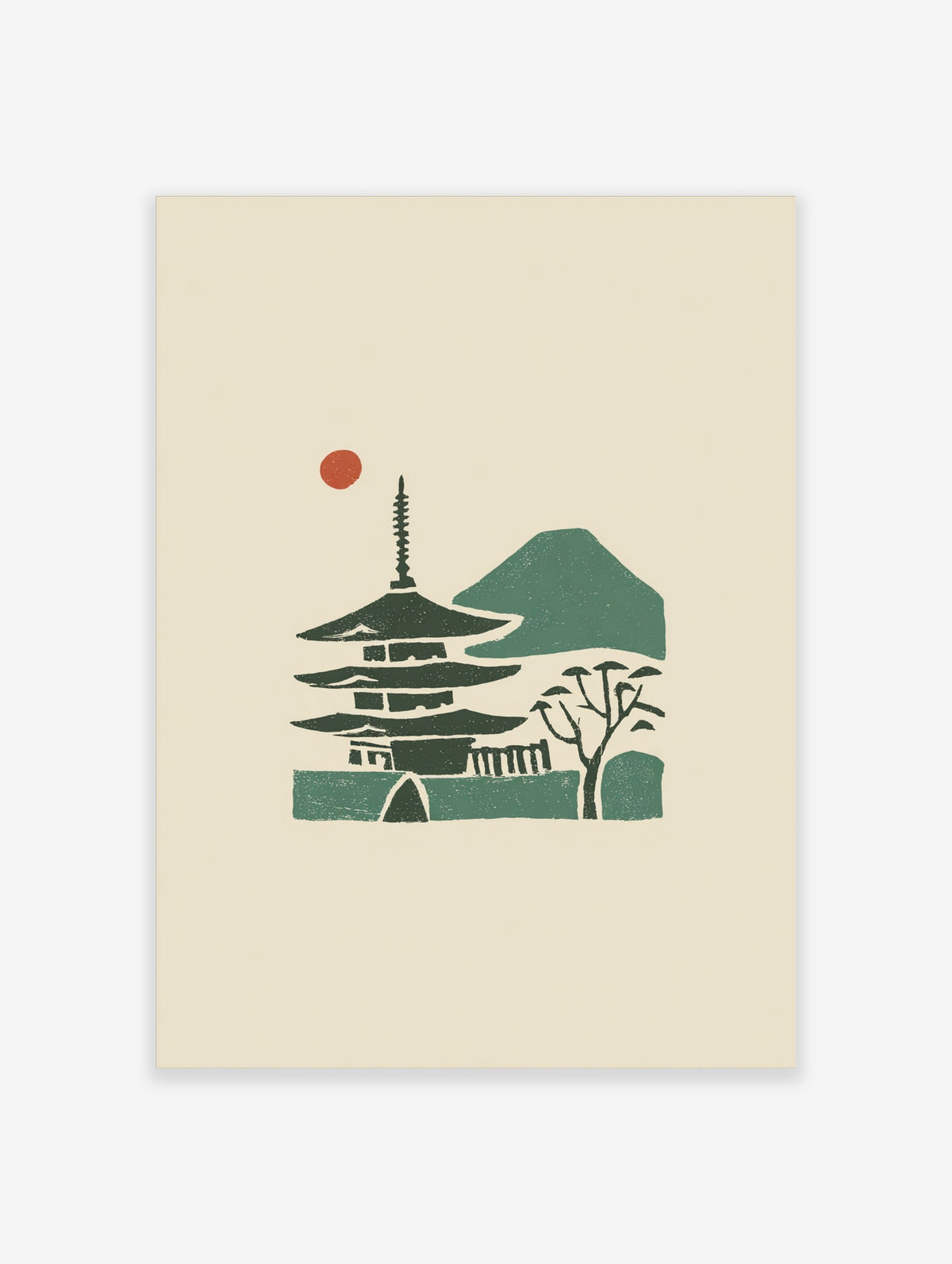 Japanese pagoda art print with green mountain, red sun, and pine tree on cream background