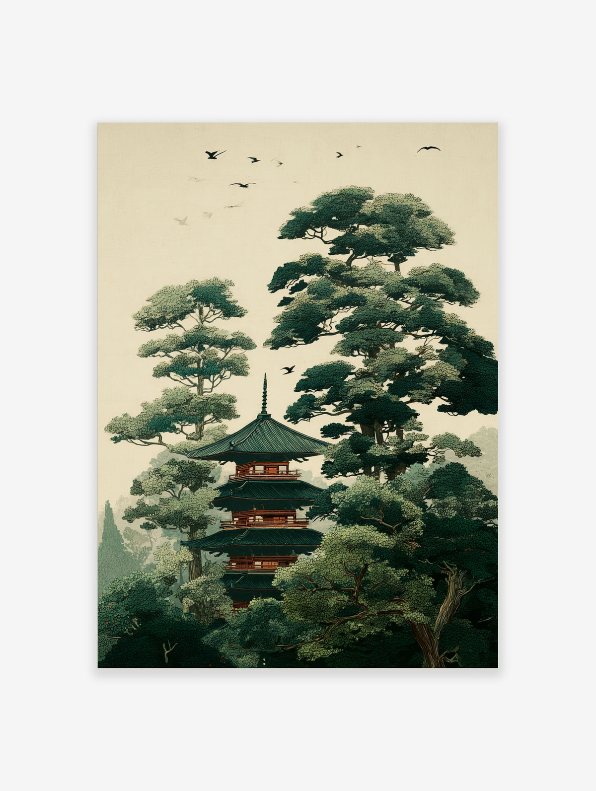 Japanese pagoda art print with green pine trees and flying birds on beige background