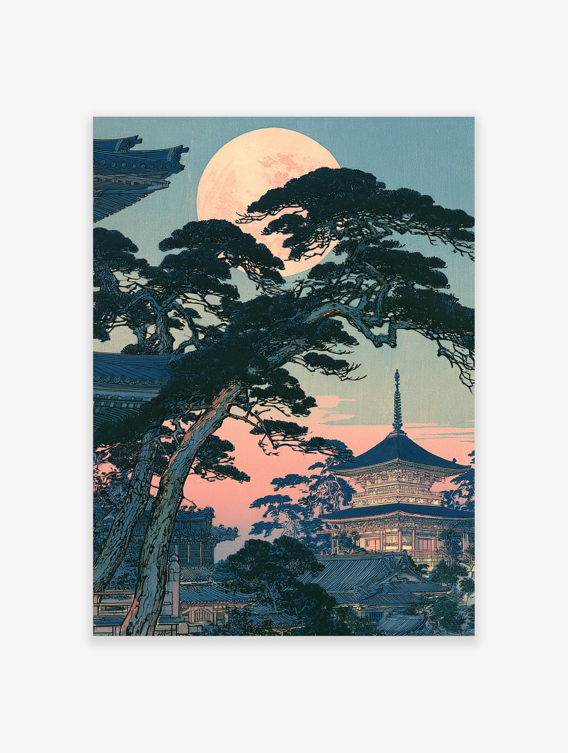 Japanese pagoda with pine trees under a full moon, illustrative twilight landscape art print