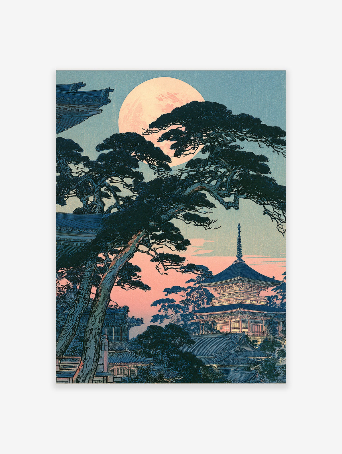Japanese pagoda with pine trees under a full moon, illustrative twilight landscape art print