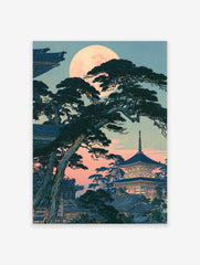 Japanese pagoda with pine trees under a full moon, illustrative twilight landscape art print