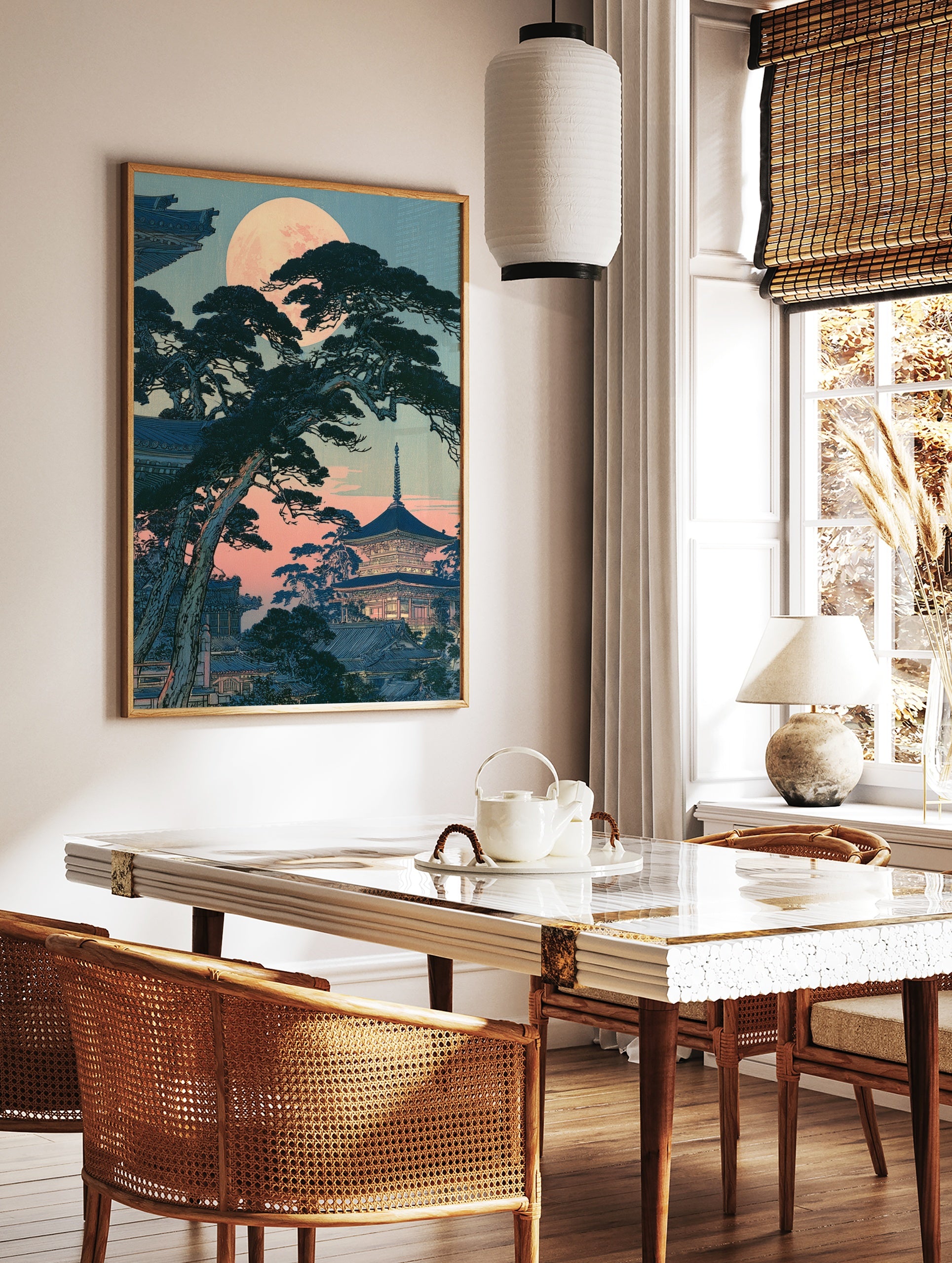 Japanese pagoda with pine trees under a full moon, illustrative twilight landscape art print, in a styled room mockup
