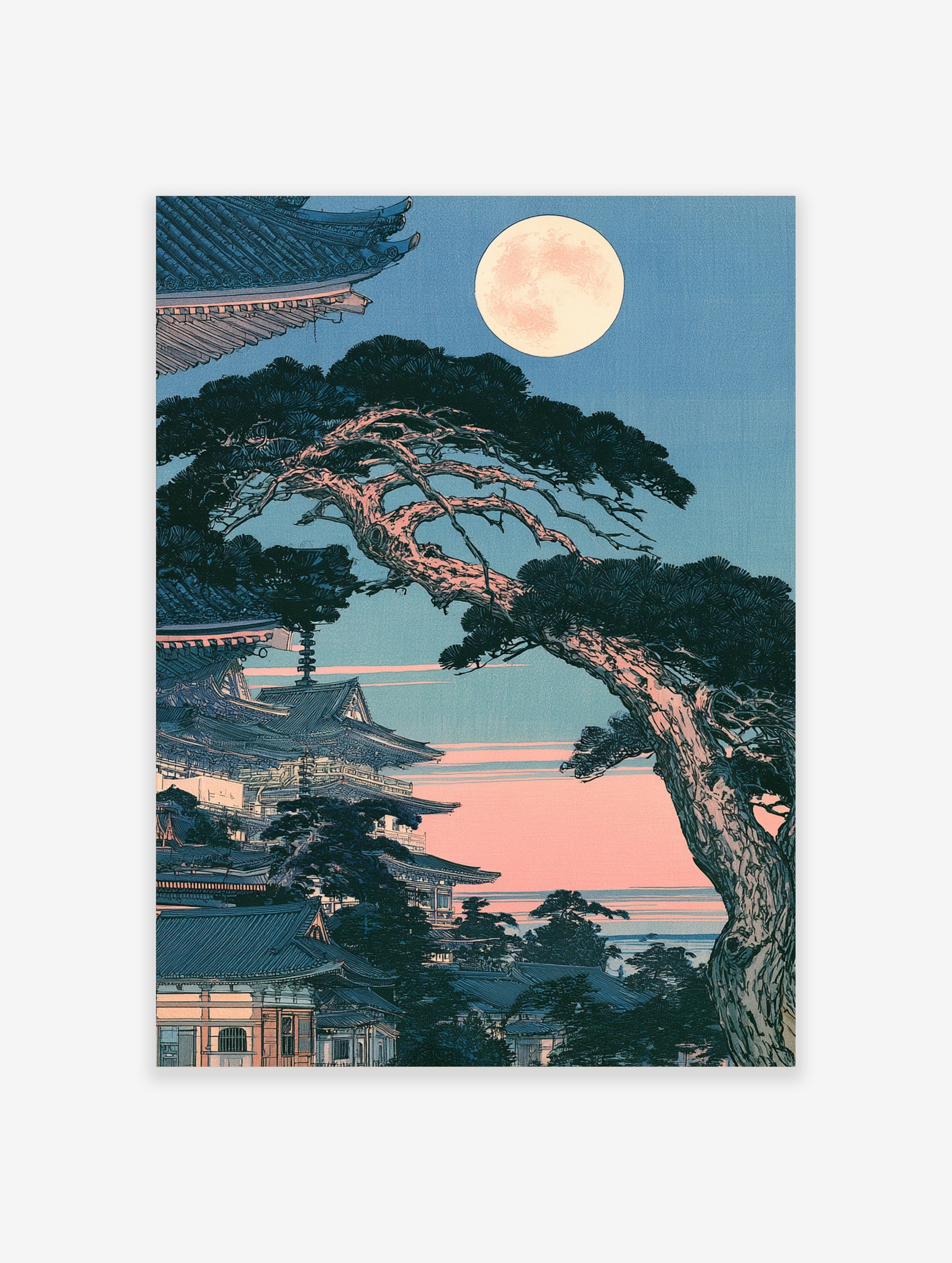 Japanese temple pagoda with pine tree and full moon in a traditional woodblock art style print