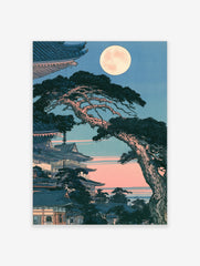 Japanese temple pagoda with pine tree and full moon in a traditional woodblock art style print