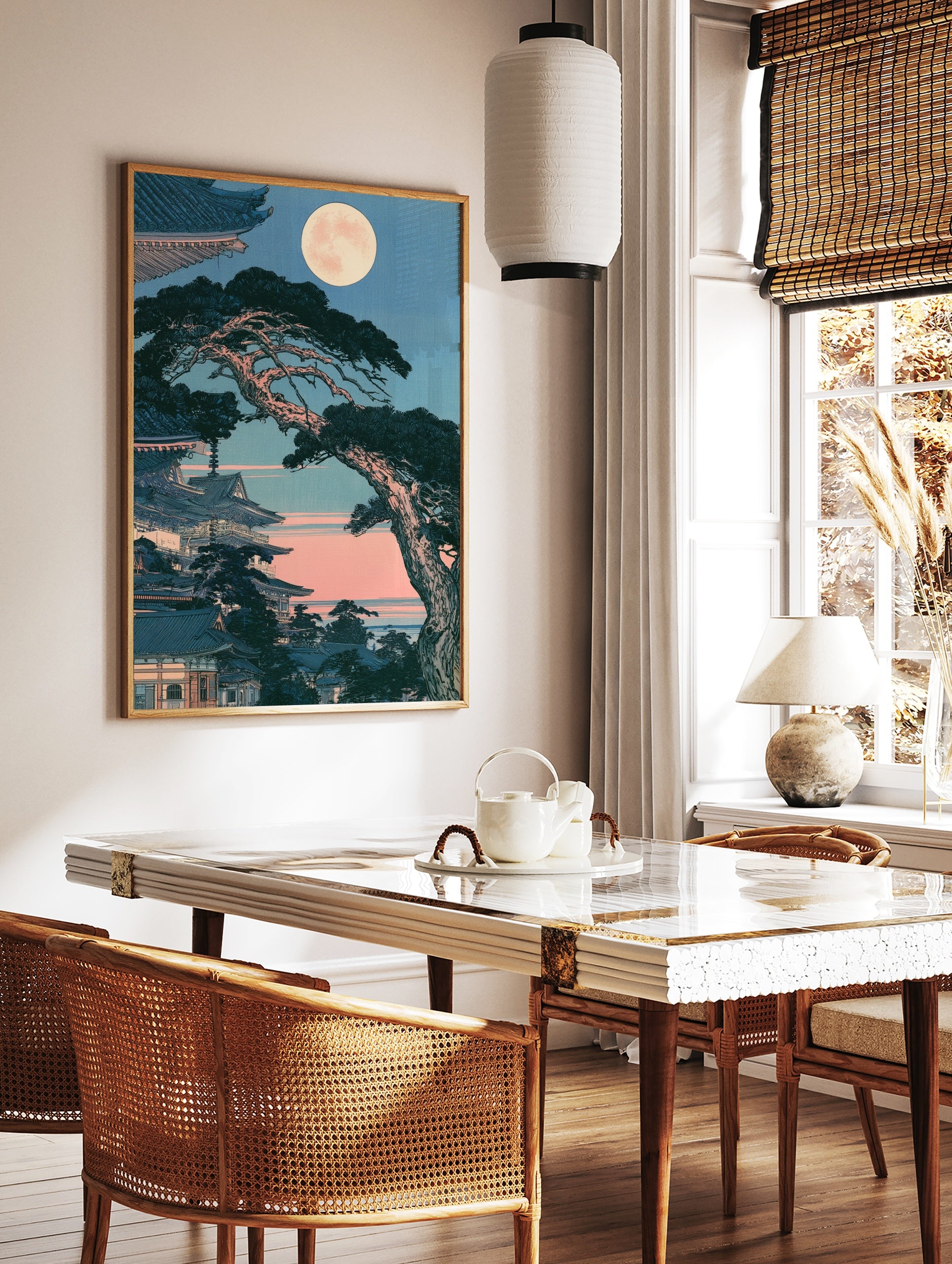 Japanese temple pagoda with pine tree and full moon in a traditional woodblock art style print, in a styled room mockup