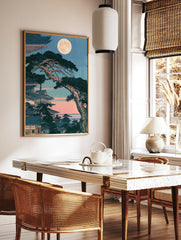 Japanese temple pagoda with pine tree and full moon in a traditional woodblock art style print, in a styled room mockup