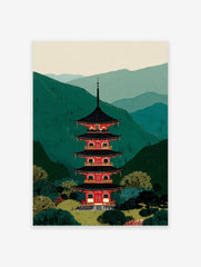 Japanese pagoda art print with a red and black tiered temple against green mountains and lush trees in an illustrative style.