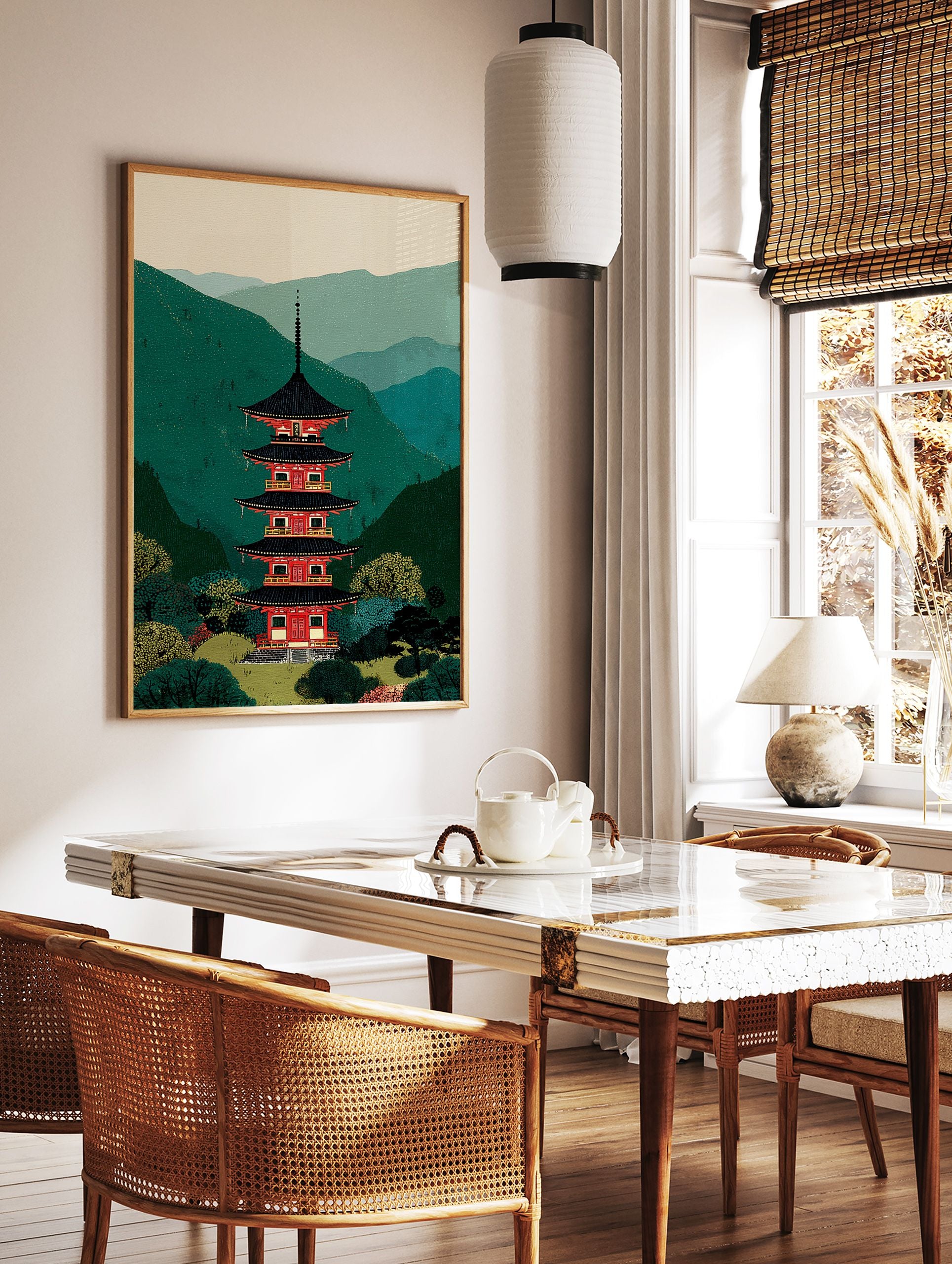 Japanese pagoda art print with a red and black tiered temple against green mountains and lush trees in an illustrative style. - Image 3