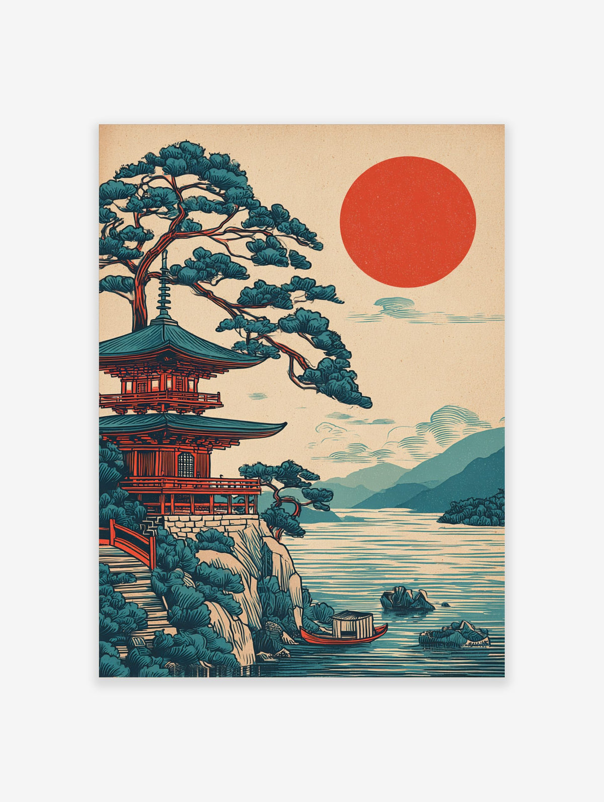 Japanese pagoda temple and pine tree on a cliff overlooking a lake with a red sun and mountains