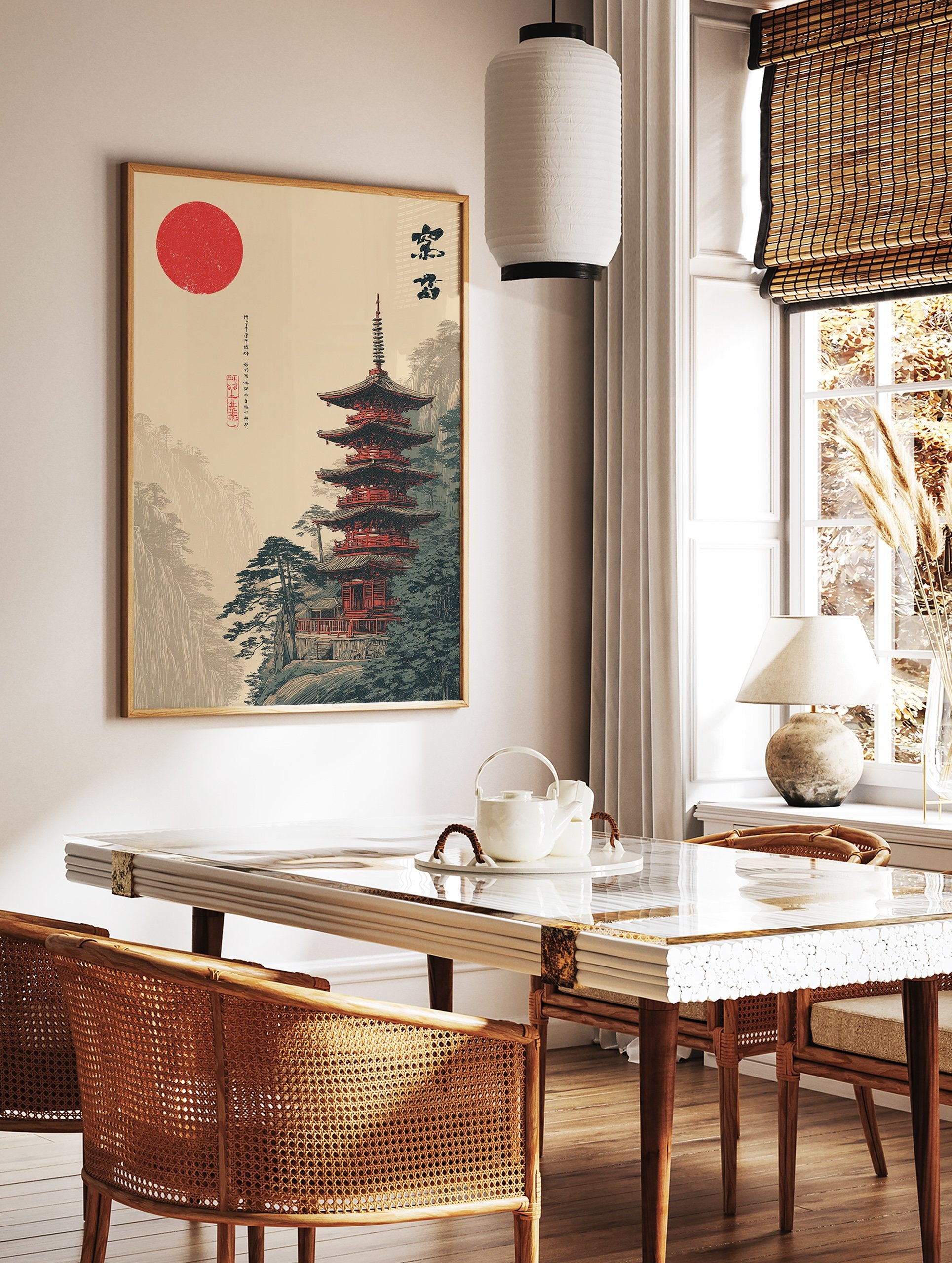 Traditional Japanese pagoda art print with a red sun, green pine trees, and misty mountains. - Image 3