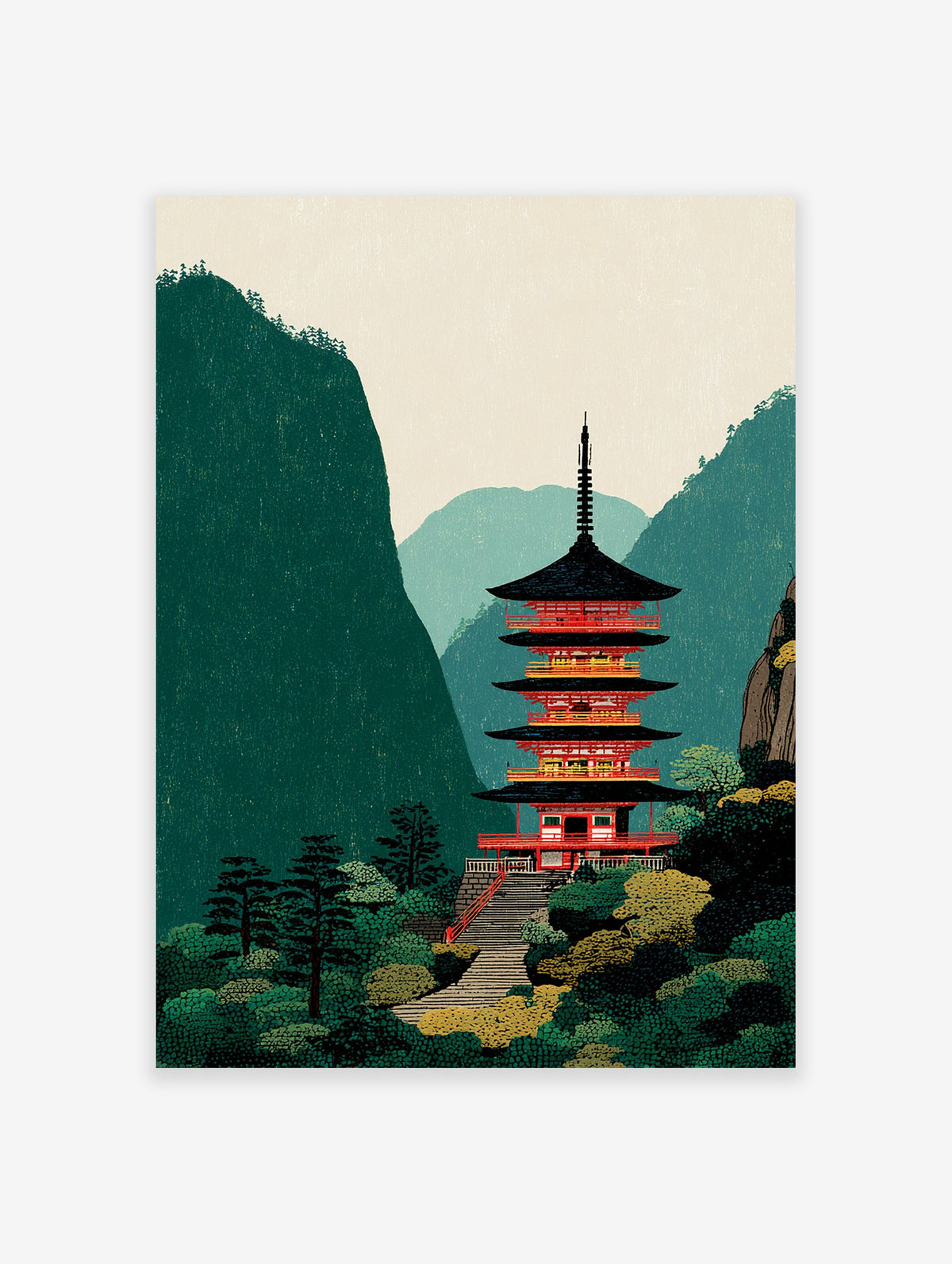 Illustration of a red Japanese pagoda temple with black roofs, surrounded by green mountains and trees, with a stone staircase.