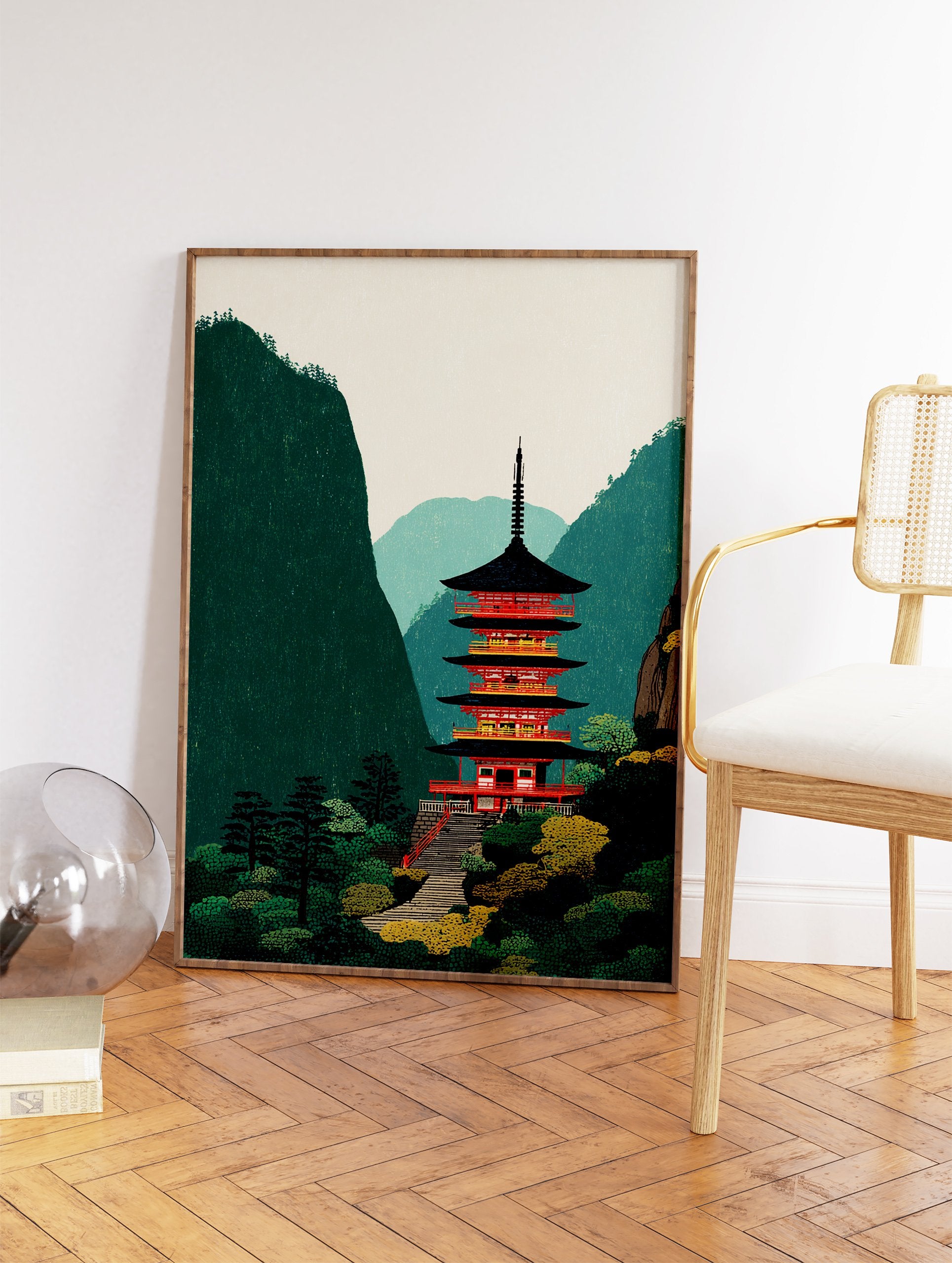 Illustration of a red Japanese pagoda temple with black roofs, surrounded by green mountains and trees, with a stone staircase. - Image 2