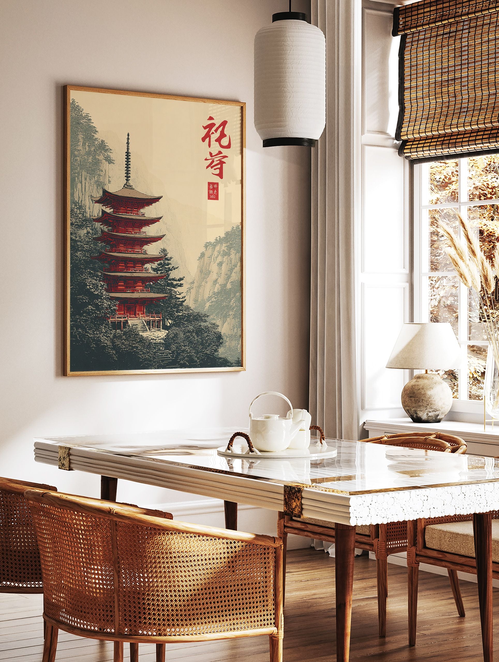 Red Japanese pagoda temple nestled in a misty mountain landscape with green trees, in traditional Asian illustration style. - Image 3