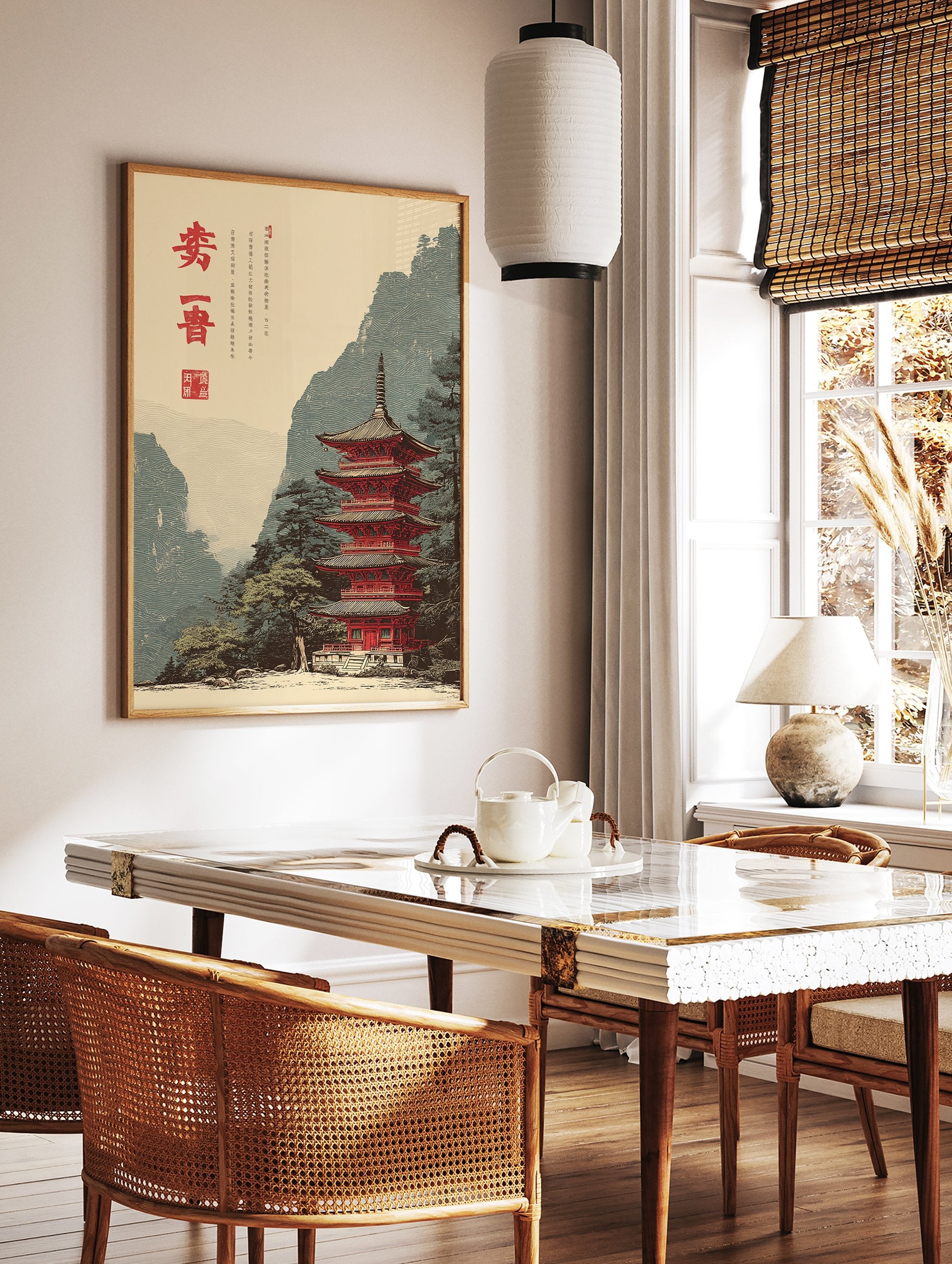A red Japanese pagoda temple stands amidst lush trees and misty mountains in a traditional Asian landscape art print. - Image 3