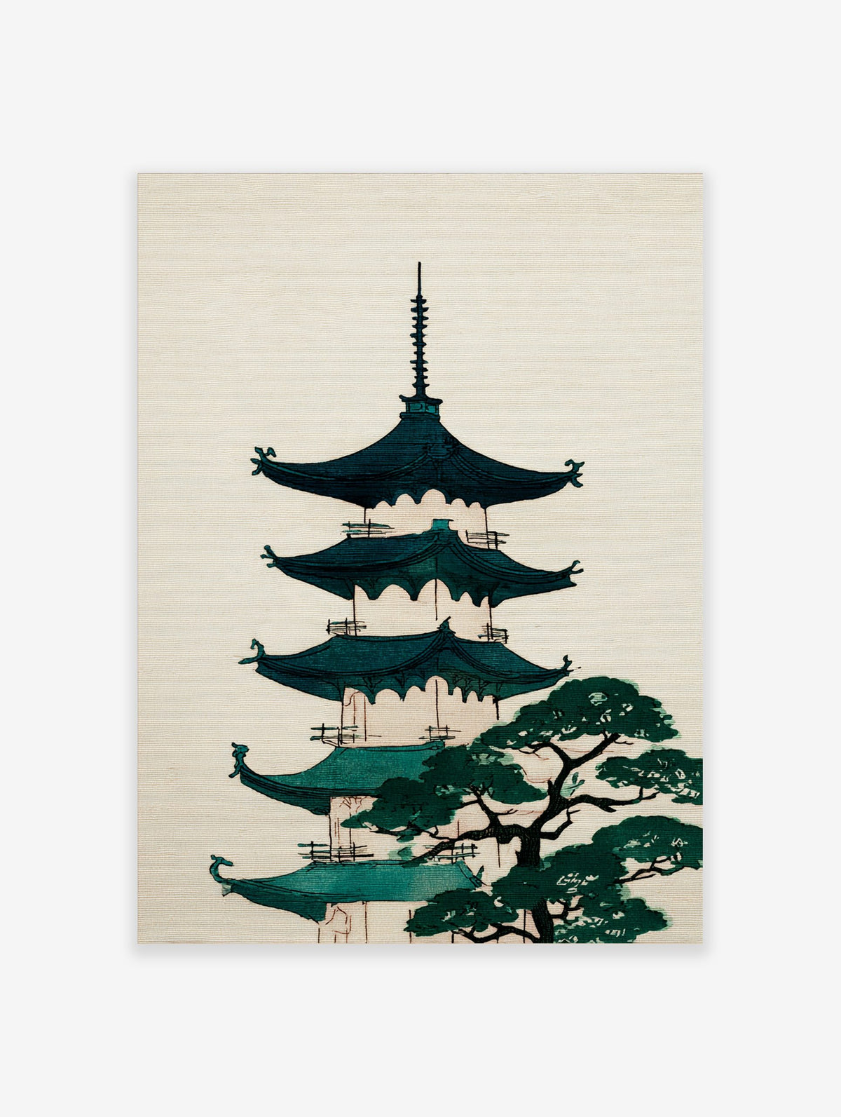 Illustrative Japanese pagoda with teal roofs and a green pine tree on a cream background