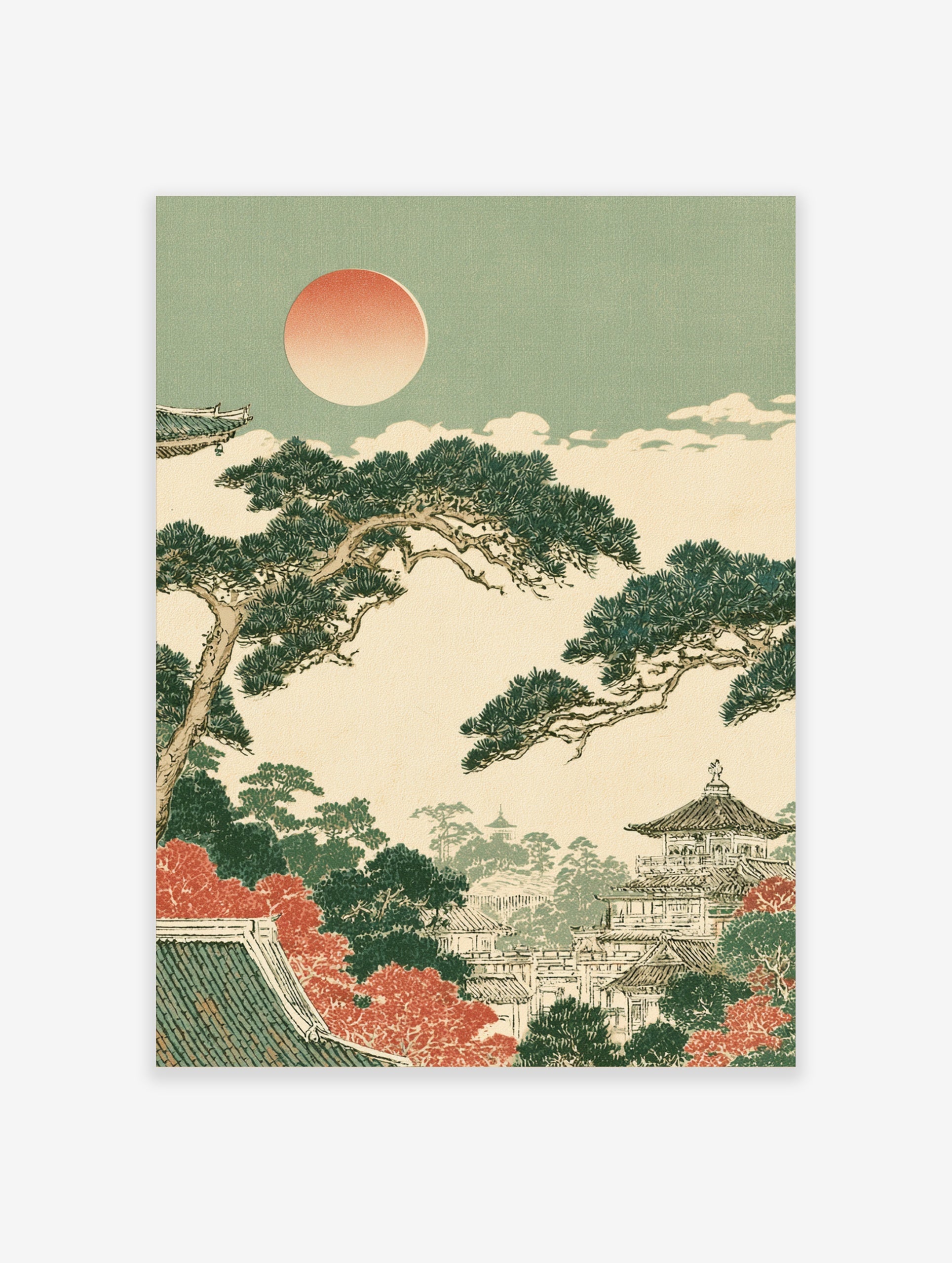 Japanese pagoda landscape print with pine trees, autumn foliage, and a soft sun in an illustrative style