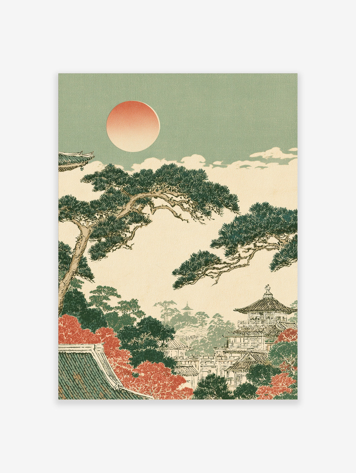Japanese pagoda landscape print with pine trees, autumn foliage, and a soft sun in an illustrative style