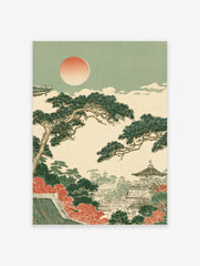 Japanese pagoda landscape print with pine trees, autumn foliage, and a soft sun in an illustrative style