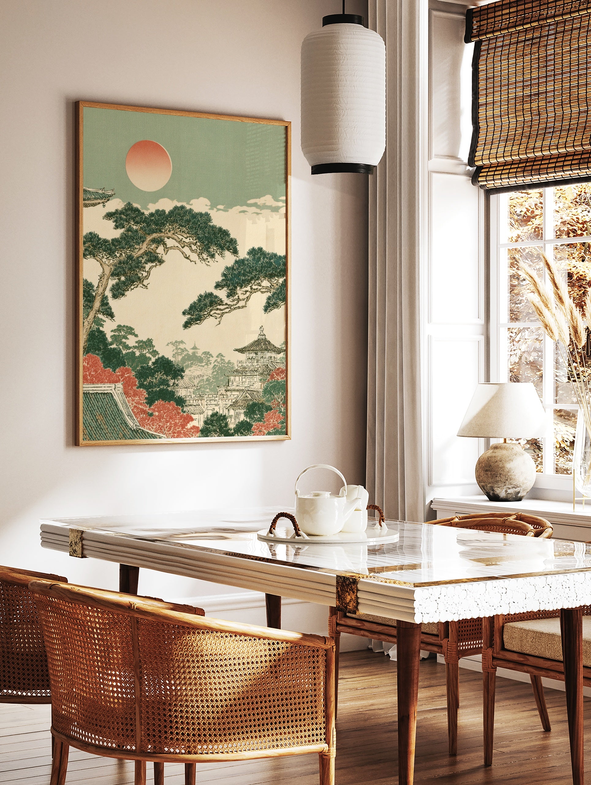 Japanese pagoda landscape print with pine trees, autumn foliage, and a soft sun in an illustrative, in a styled room mockup