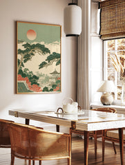 Japanese pagoda landscape print with pine trees, autumn foliage, and a soft sun in an illustrative, in a styled room mockup