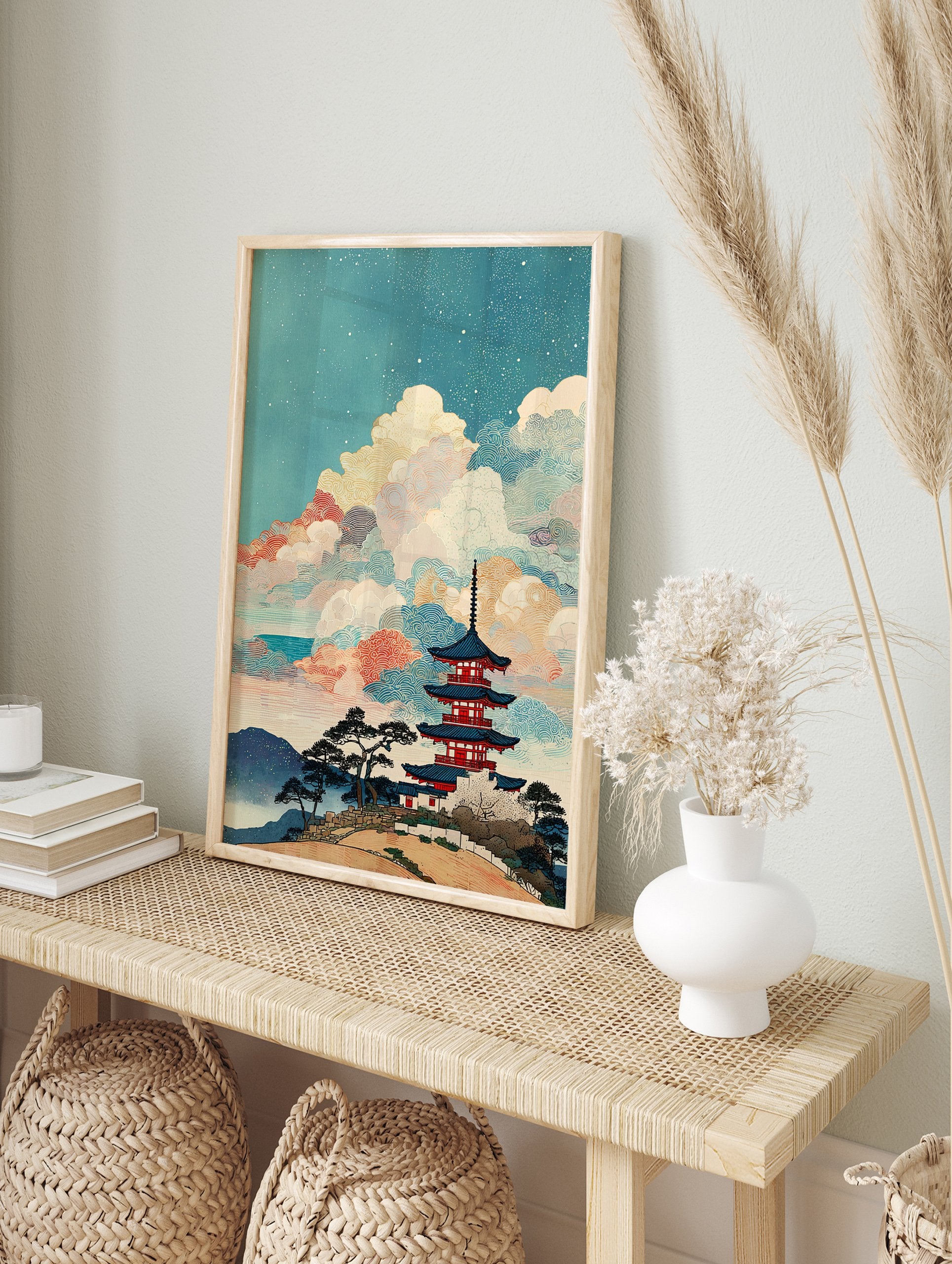 Japanese Pagoda Wall Art with a multi-tiered temple, pine trees, starry sky, and stylized clouds in Ukiyo-e style. - Image 3