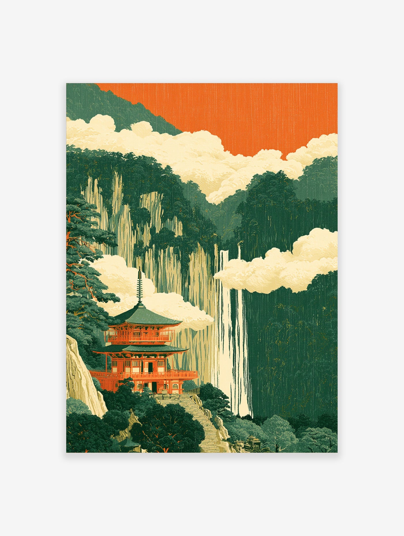 Japanese pagoda temple art print with a waterfall, lush green mountains, and orange sky in a traditional illustration style