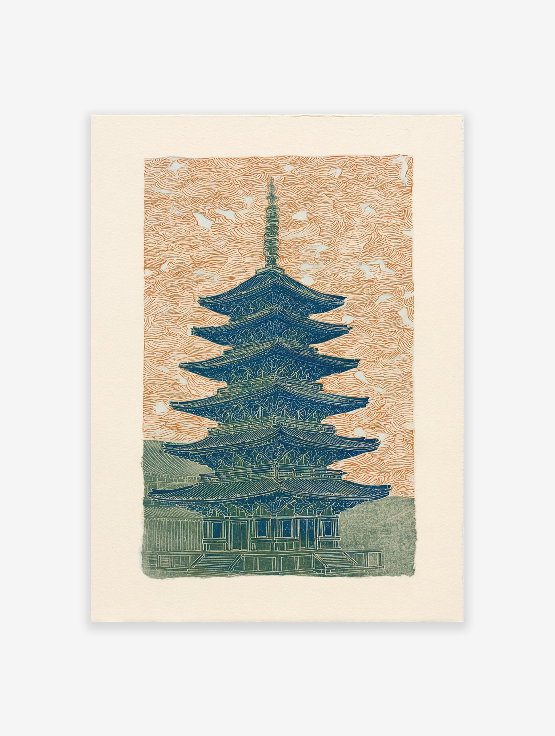 Japanese Pagoda woodblock print featuring a blue and green temple against an orange patterned sky, cultural wall art.