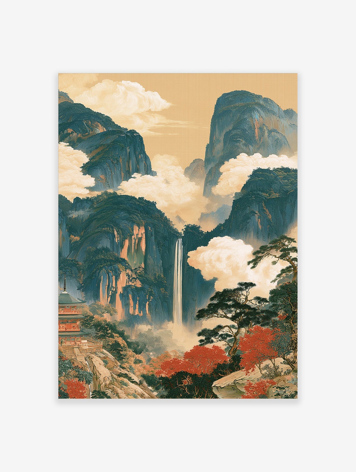 Japanese pagoda landscape print with a tall waterfall, misty mountains, and red autumn trees in an illustrative style