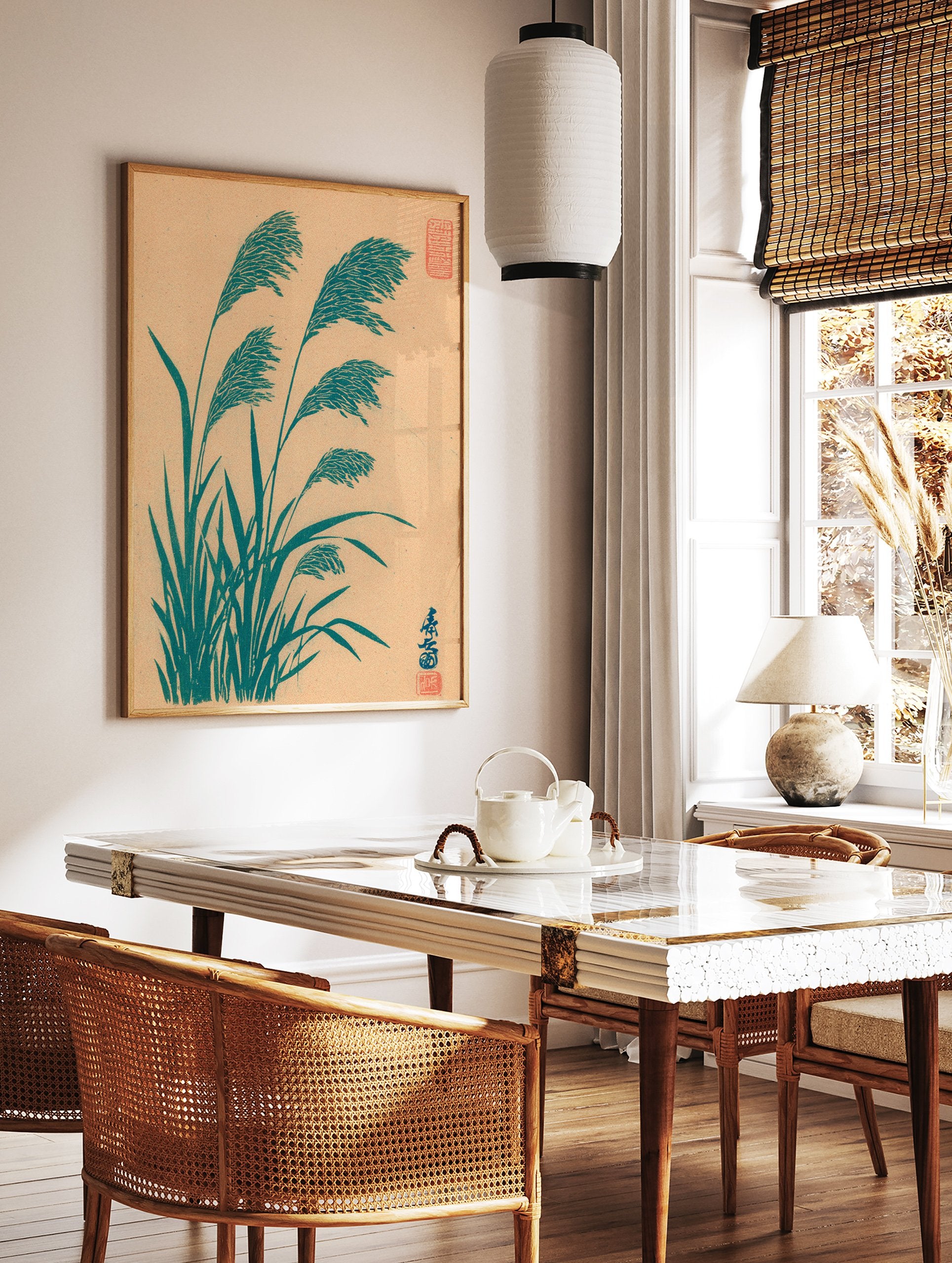 Japanese Pampas Grass botanical art print in teal on a light brown background, with red Japanese seals. - Image 2