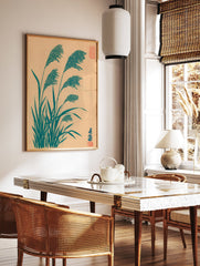 Japanese Pampas Grass botanical art print in teal on a light brown background, with red Japanese seals. - Image 2
