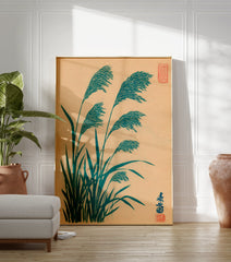 Japanese Pampas Grass botanical art print in teal on a light brown background, with red Japanese seals. - Image 3