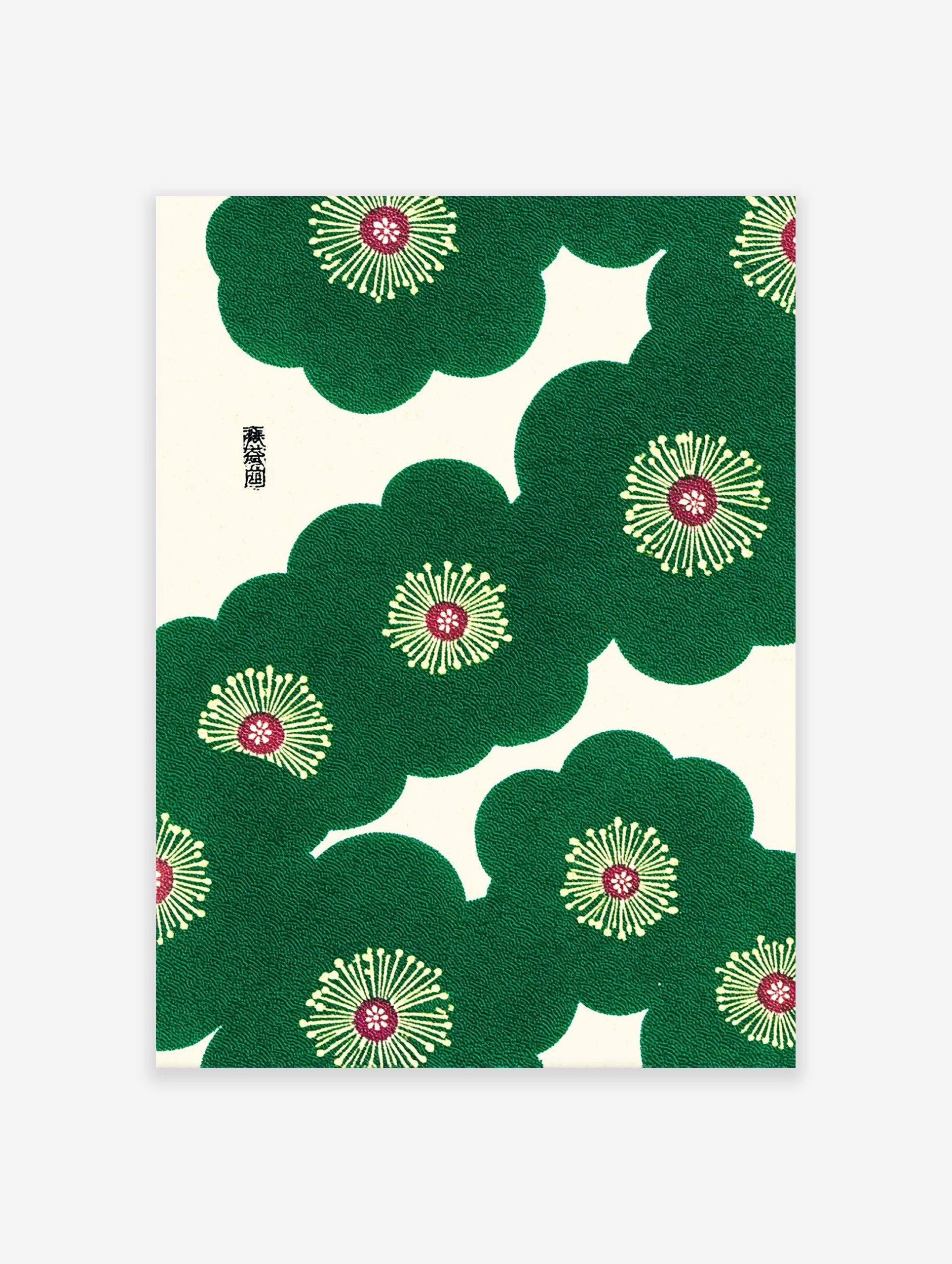 Green stylized flowers with red centers in a traditional Japanese pattern wall art, featuring intricate textures on a cream background.