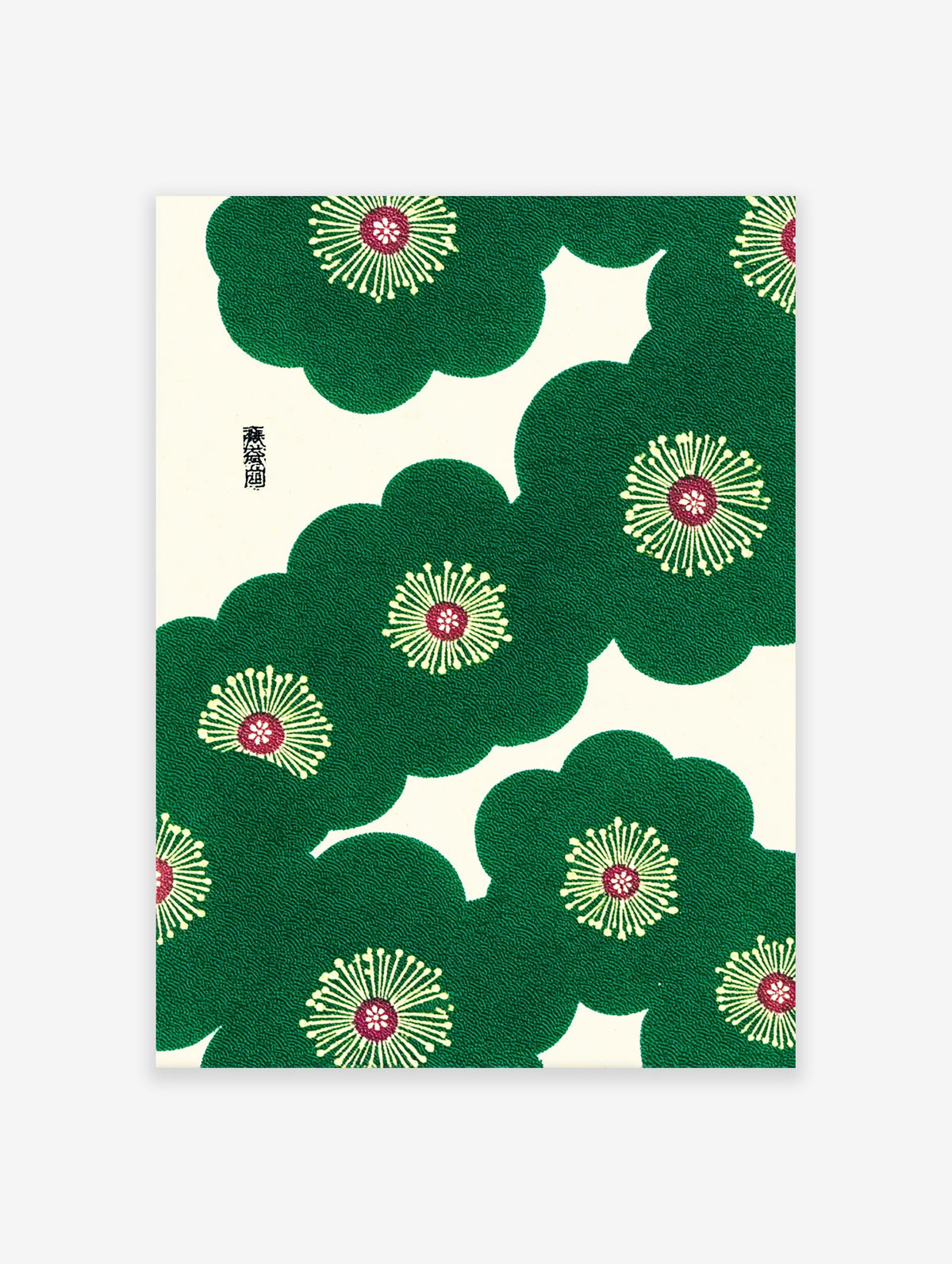 Green stylized flowers with red centers in a traditional Japanese pattern wall art, featuring intricate textures on a cream background.