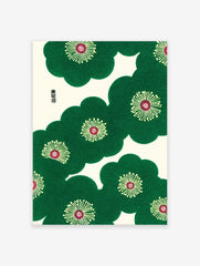 Green stylized flowers with red centers in a traditional Japanese pattern wall art, featuring intricate textures on a cream background.