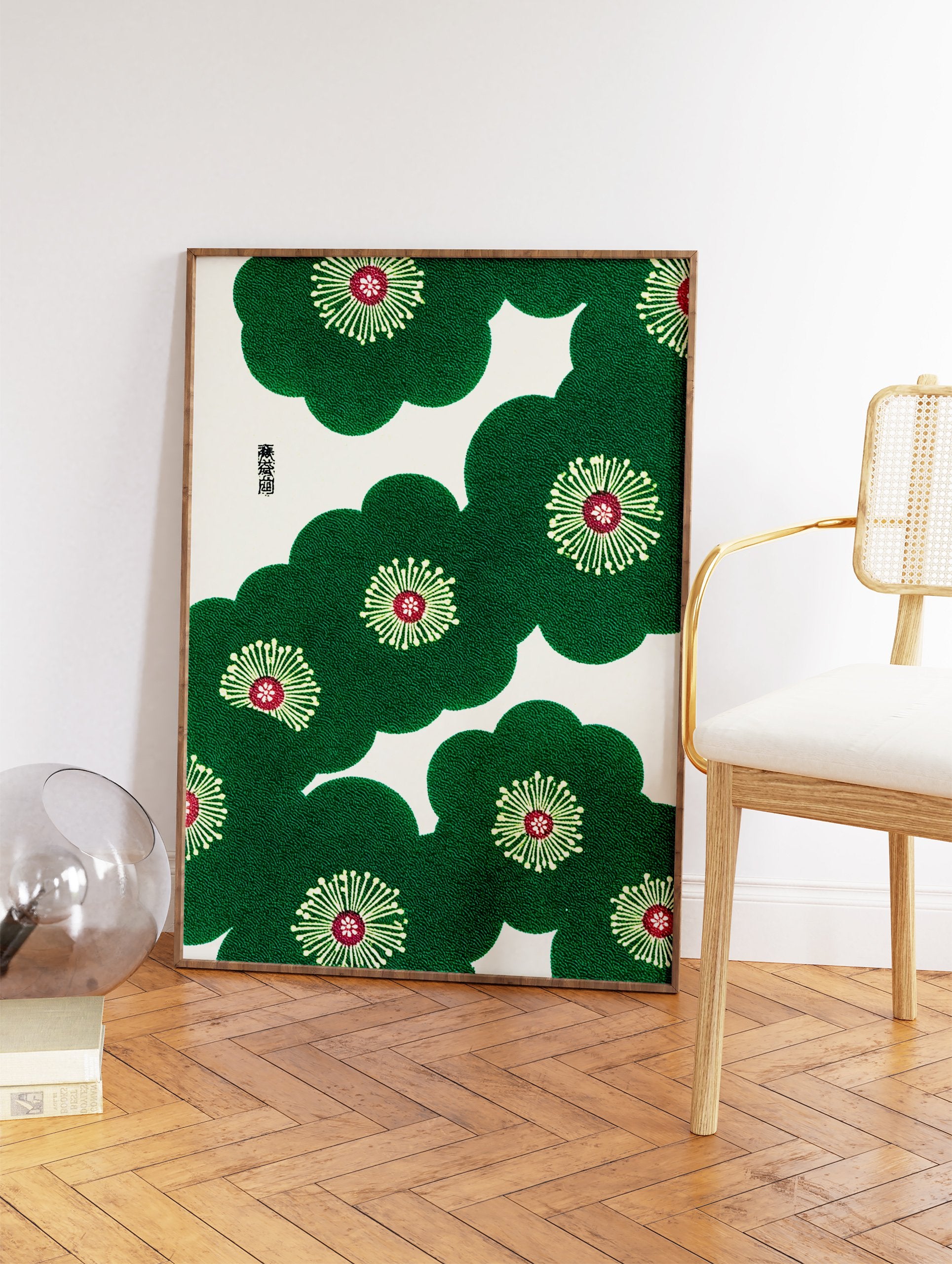 Green stylized flowers with red centers in a traditional Japanese pattern wall art, featuring intricate textures on a cream background. - Image 2