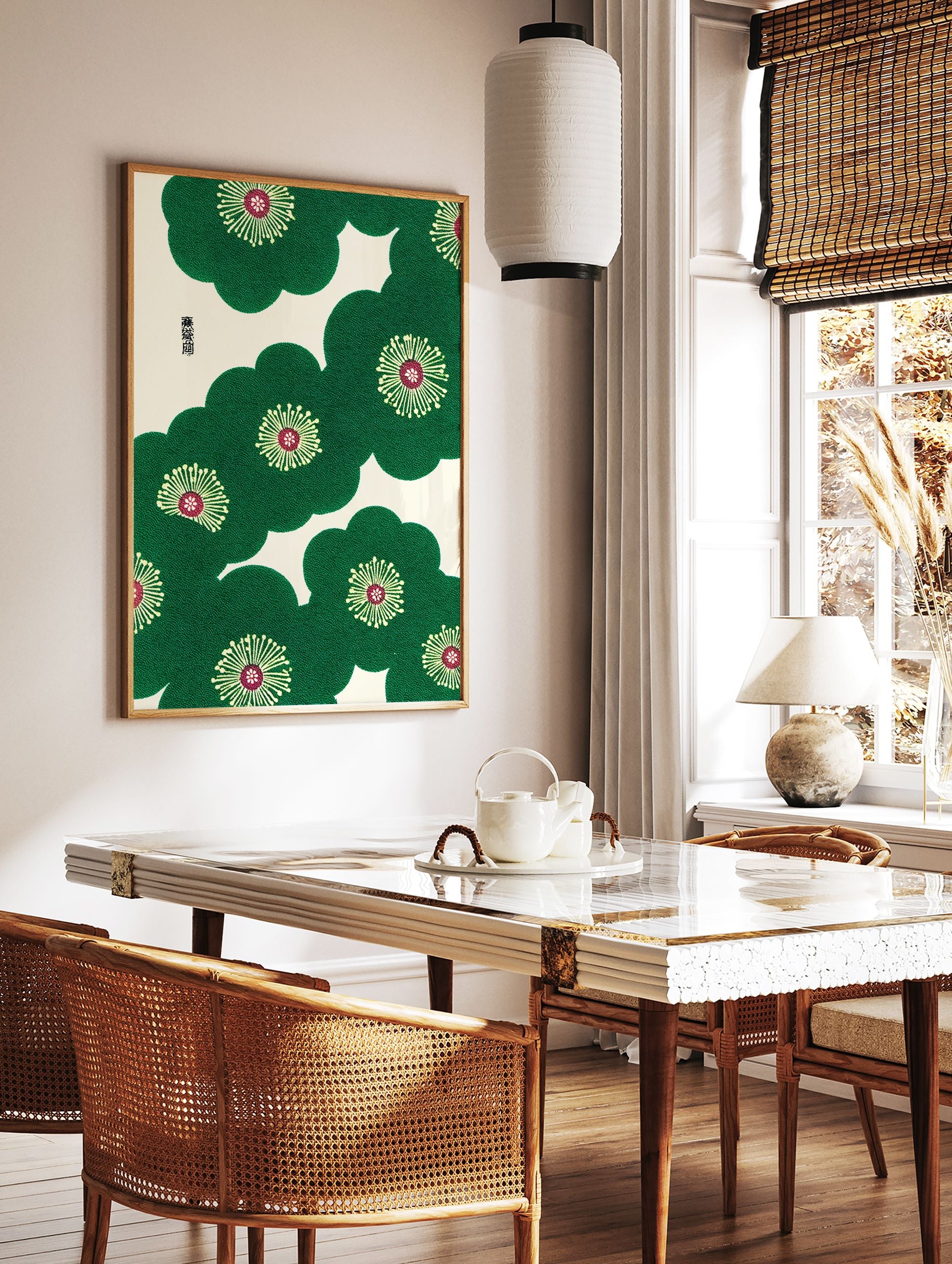 Green stylized flowers with red centers in a traditional Japanese pattern wall art, featuring intricate textures on a cream background. - Image 3