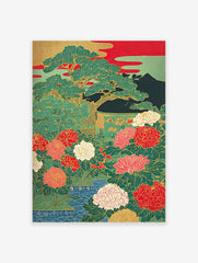 Japanese Peony & Pine Tree poster with vibrant red, pink, green, and gold colors, depicting a traditional botanical garden scene.