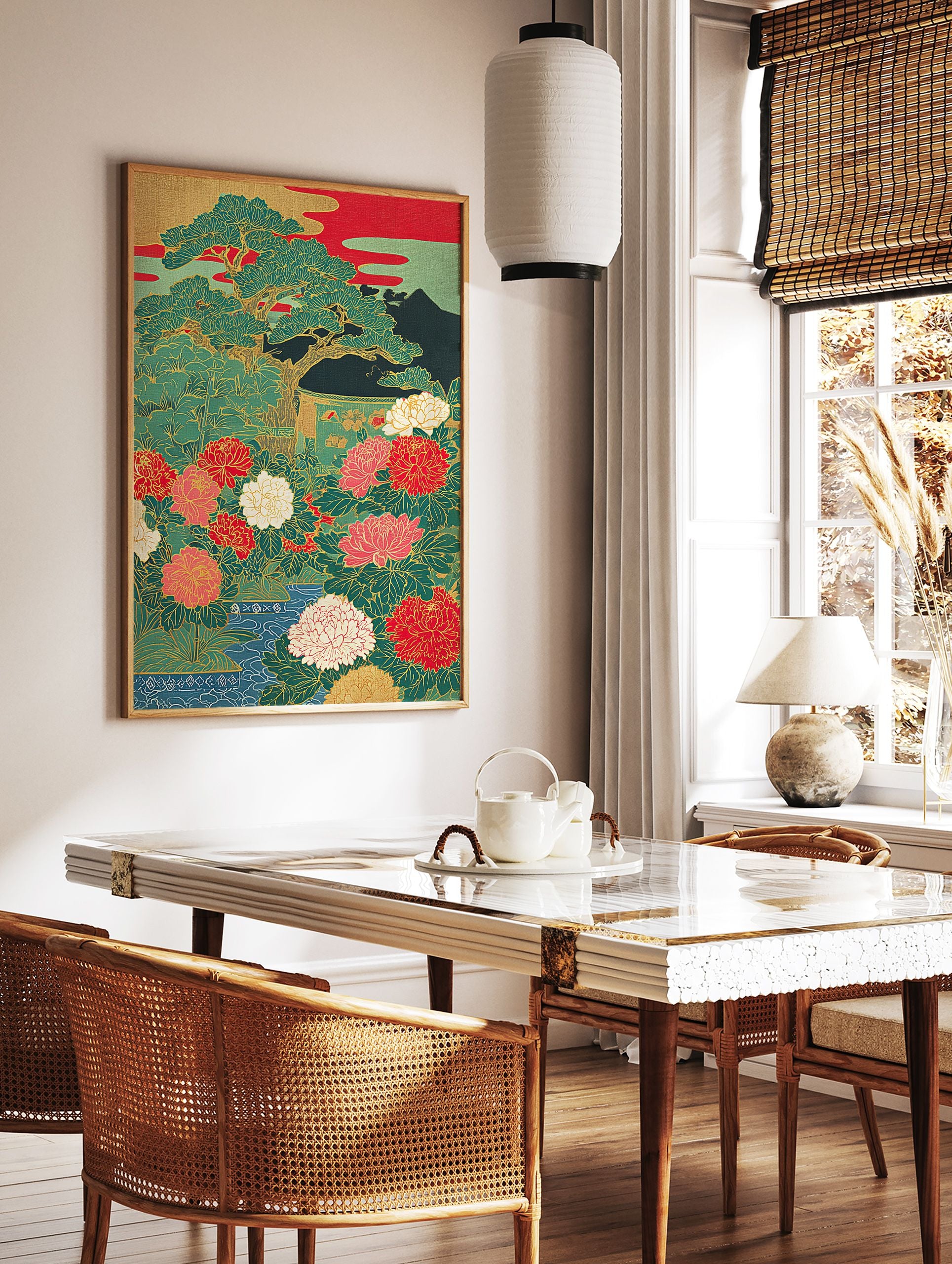 Japanese Peony & Pine Tree poster with vibrant red, pink, green, and gold colors, depicting a traditional botanical garden scene. - Image 2