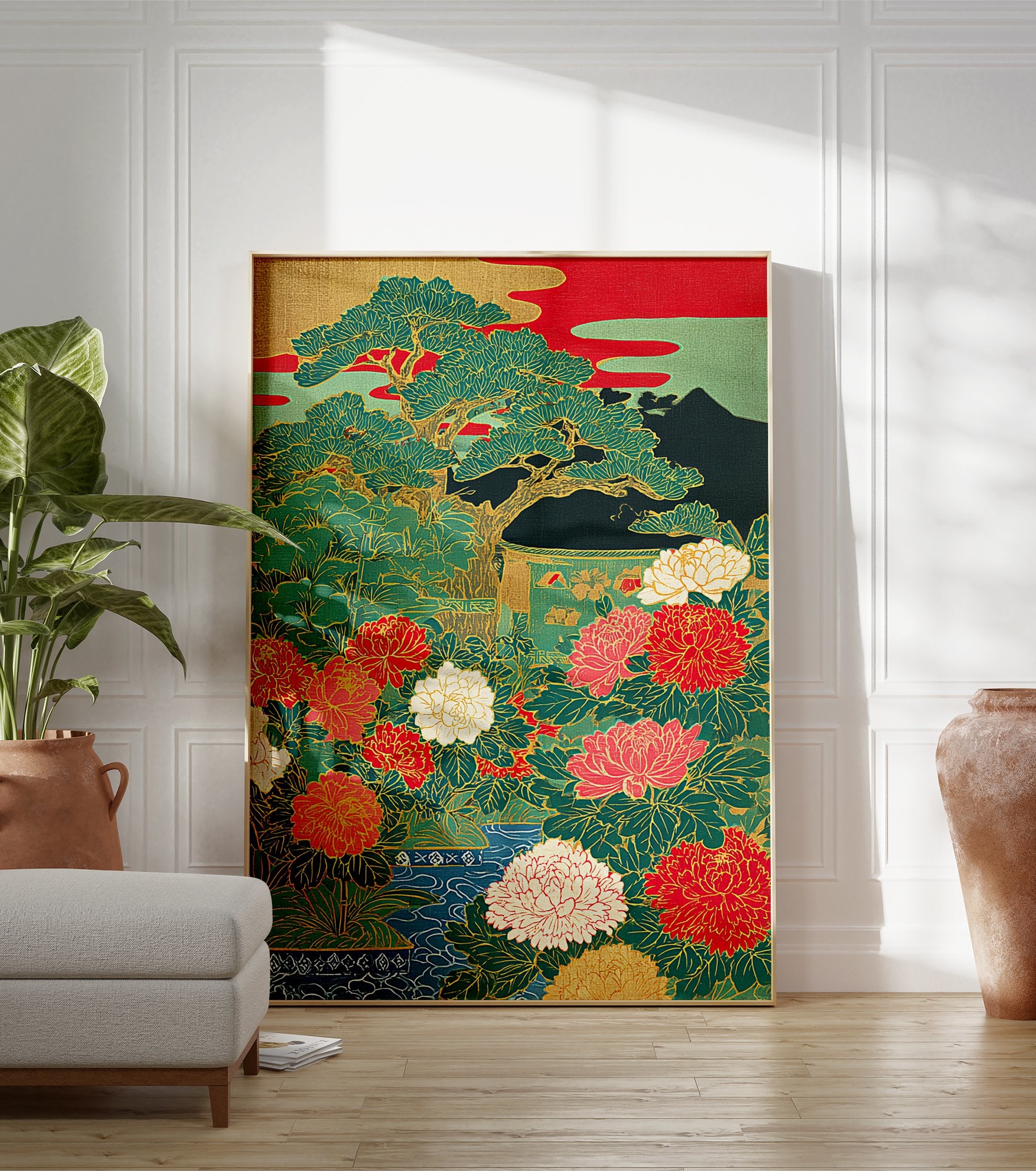 Japanese Peony & Pine Tree poster with vibrant red, pink, green, and gold colors, depicting a traditional botanical garden scene. - Image 3