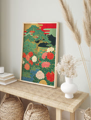 Japanese Peony & Pine Tree poster with vibrant red, pink, green, and gold colors, depicting a traditional botanical garden scene. - Image 4