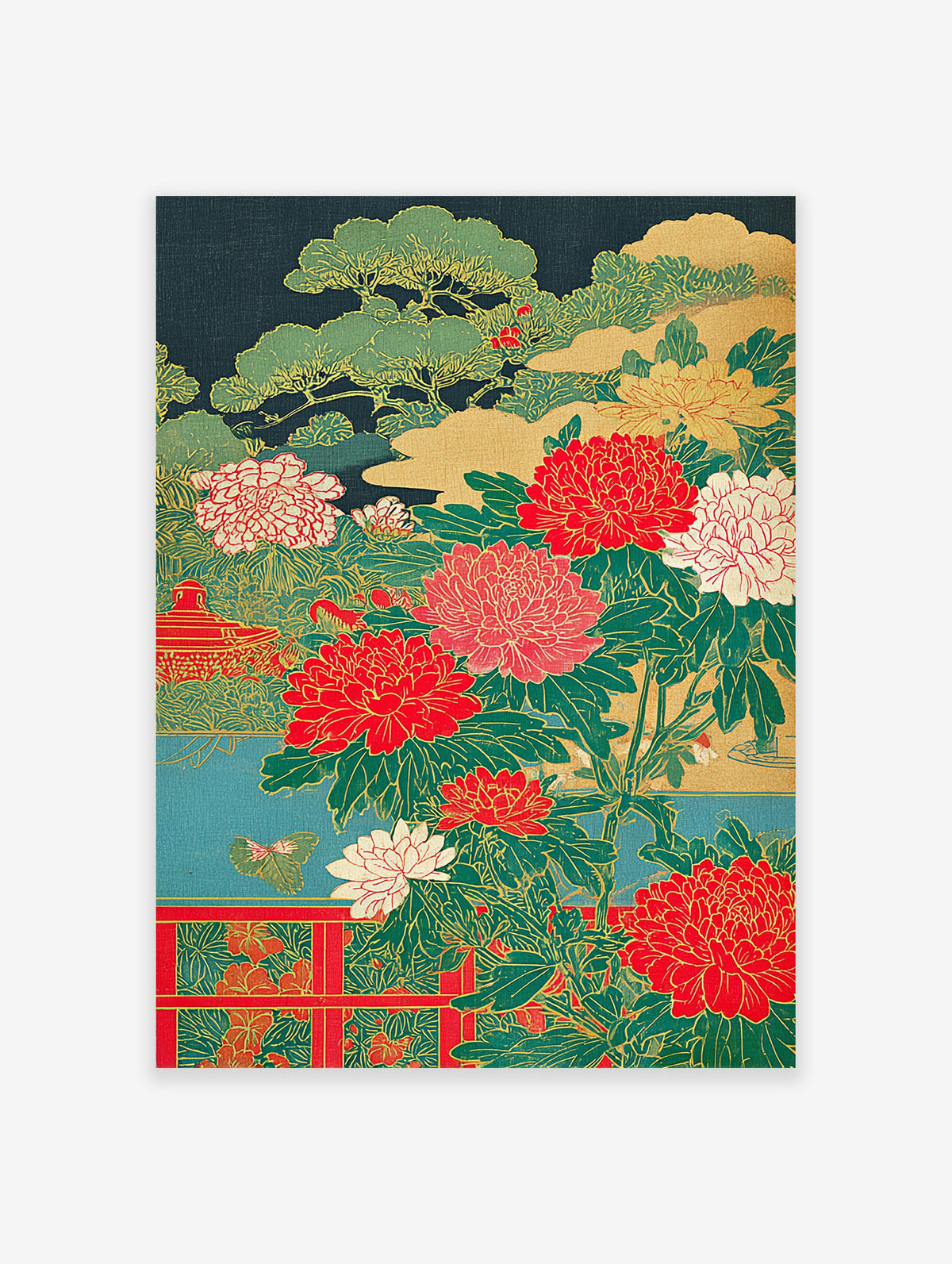Japanese Peony Poster featuring vibrant red and white flowers, green pine trees, and a red pavilion in traditional Asian style.