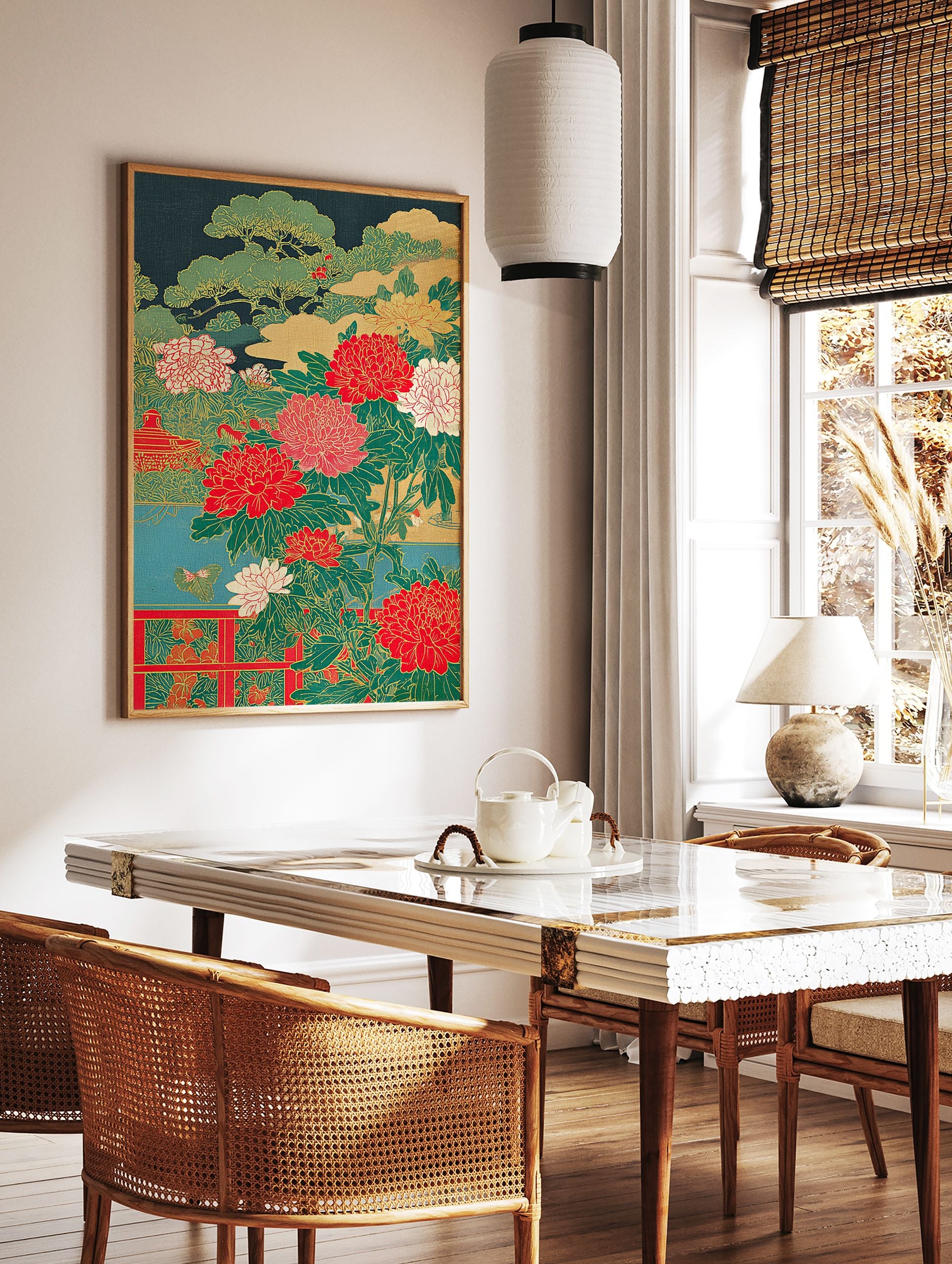 Japanese Peony Poster featuring vibrant red and white flowers, green pine trees, and a red pavilion in traditional Asian style. - Image 2