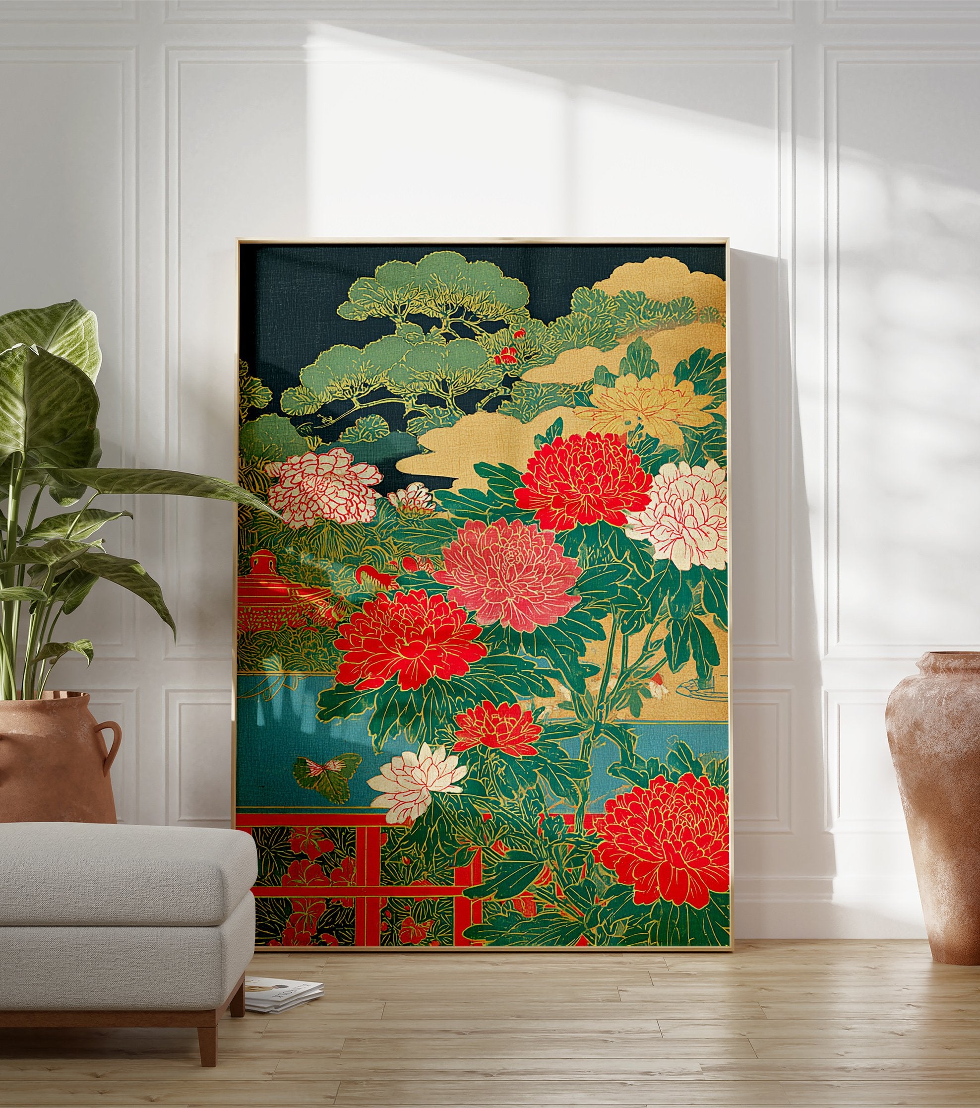 Japanese Peony Poster featuring vibrant red and white flowers, green pine trees, and a red pavilion in traditional Asian style. - Image 3