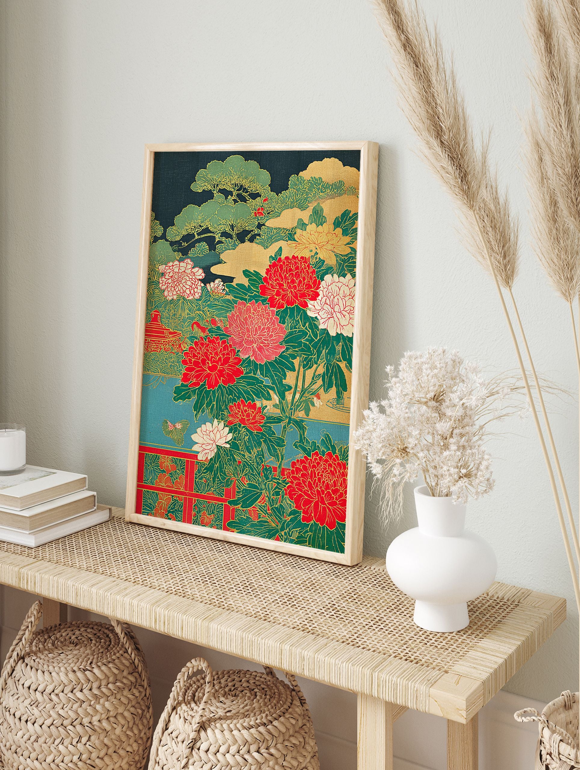 Japanese Peony Poster featuring vibrant red and white flowers, green pine trees, and a red pavilion in traditional Asian style. - Image 4